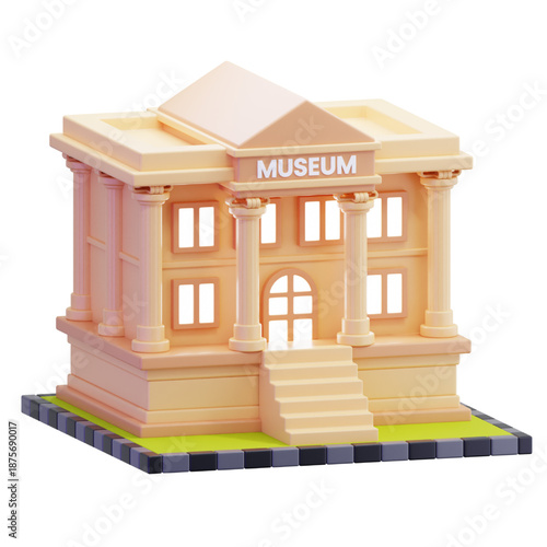 A 3D illustration of a classical museum building with columns and the word MUSEUM displayed prominently on the facade, representing cultural heritage and historical exhibits