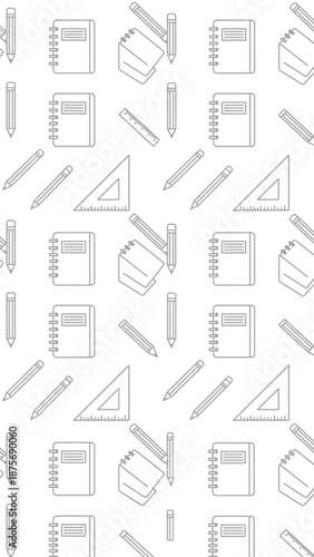 Seamless pattern featuring various school supplies such as notebooks, pencils, and rulers, rendered in a clean outline style on a white background.