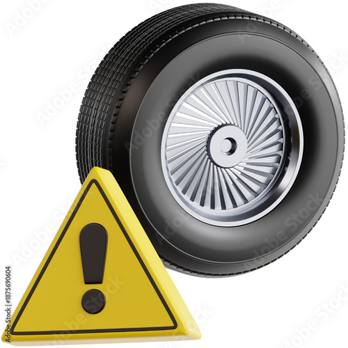 Cautionary warning symbol and a car tire, highlighting potential tire damage or maintenance needs