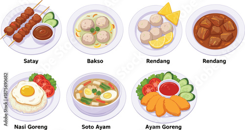 Large collection of traditional Indonesian food dishes including satay beef rendang nasi goreng soto ayam and bakso isolated on white background vector illustration