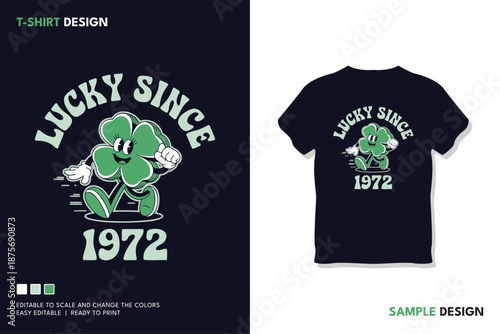 Lucky Cartoon Four Leaf Clover Character Running With Lucky Since 1972 Text
