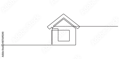 Simple house with a roof and door in one line art style. Drawing of a dwelling symbol with editable black stroke on a white background. Vector illustration.