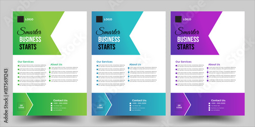 Corporate business flyer template design set with Gradient Green, Gradient Blue–Cyan, and Gradient Purple–Magenta