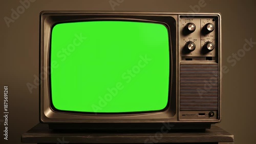 Retro 1970s television set with chroma key green screen