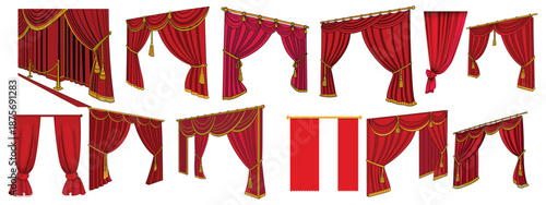 Realistic 3D Set of Red Velvet Theater Curtains Open and Closed Long and Short Top Borders Isolated on White Background. Vector illustration