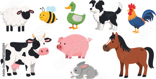 Large collection of cute cartoon farm animals including cow horse pig sheep dog duck rooster and rabbit isolated on white background vector illustration