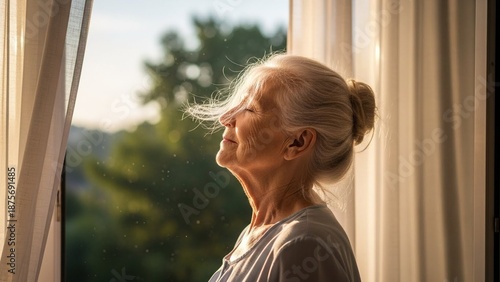 Elderly woman standing near an open window in the early morning, soft wind moving her hair and curtains, warm sunlight touching her skin, peaceful expression