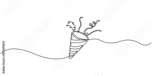 Party popper in continuous line drawing. Celebration-themed illustration on a white background, party popper continuous one line drawing, confetti party popper icon, fireworks logo, flat design. pro.