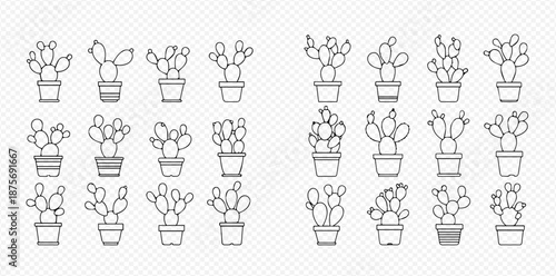 Set of various potted cactus and succulent plants in outline style, perfect for home decor and garden themes.