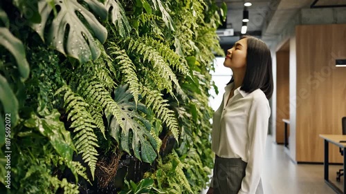 An Asian woman smiles while admiring a lush, green vertical garden wall inside an office space.