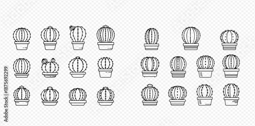 Set of various potted cactus and succulent plants in outline style, perfect for home decor and garden illustrations.