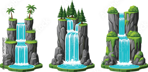 Set of three beautiful waterfall landscape vector illustrations featuring flowing water falling from rocky cliffs with pine trees and palm trees isolated on white background