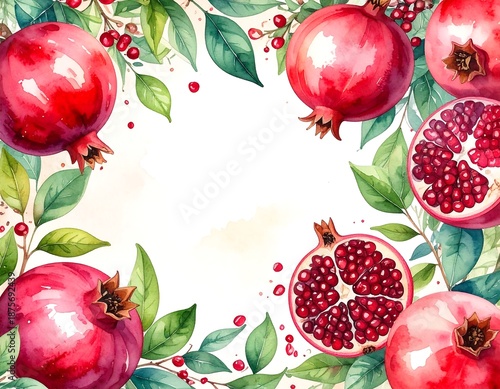 Watercolor pomegranates, halved fruit, berries, & green leafy foliage form a frame around a white copy-space backdrop