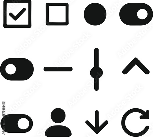 Icon set featuring various symbols including checkmark, shapes, and user interface elements in Copilot style for digital design