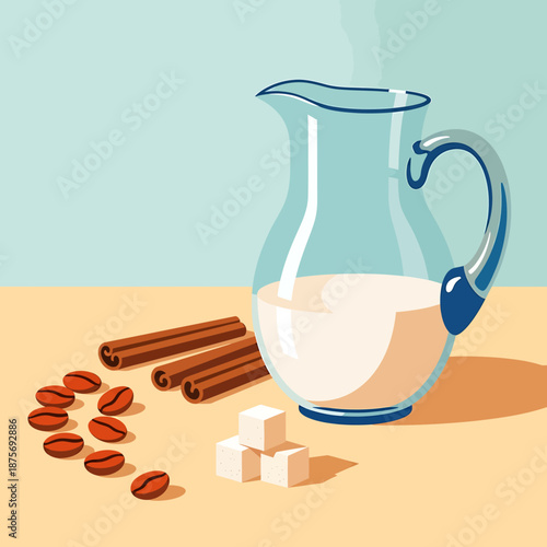 Glass pitcher with milk and coffee ingredients on table top