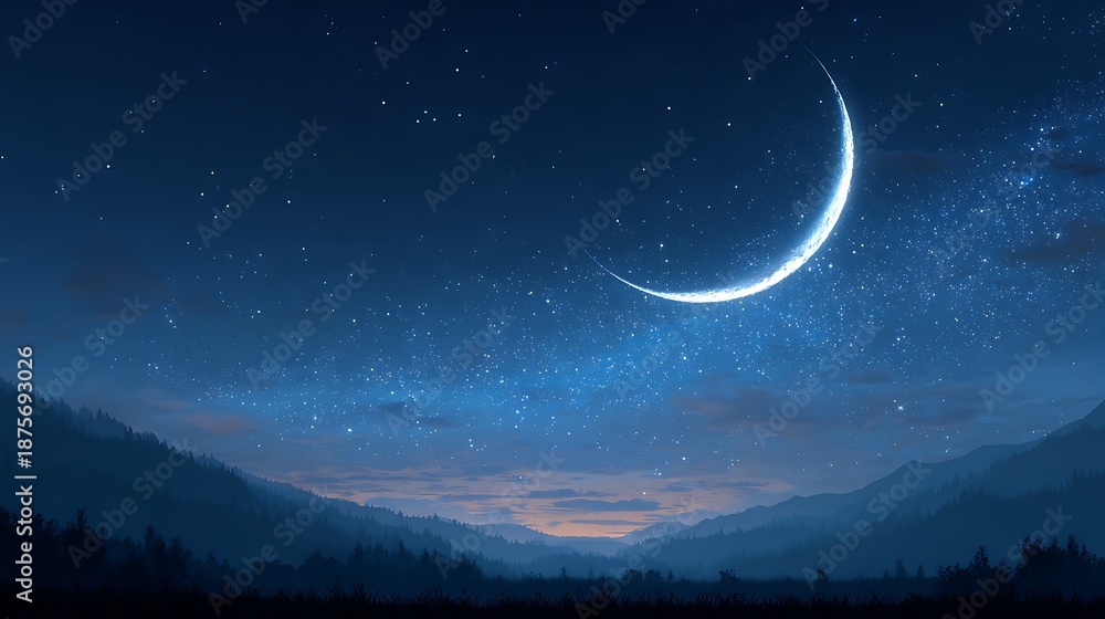 Fototapeta premium Crescent moon shines brightly amidst a star-studded sky above silhouetted mountains