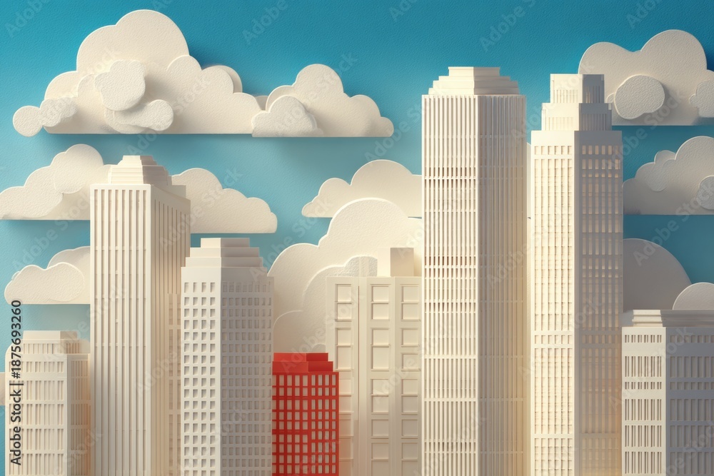 Fototapeta premium Buildings Made of Paper Arranged Against a Blue Sky With Clouds Showing Urban Environment and Architecture