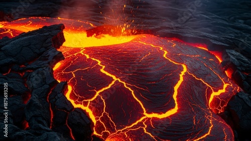 Molten Lava Flow in Dark Landscape.