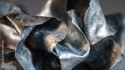 Close-up of metallic, silvery, textured material, folded and layered