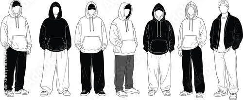 Streetwear hoodie fashion line art collection, young men standing poses, urban casual outfits, modern youth style, outline vector illustration set