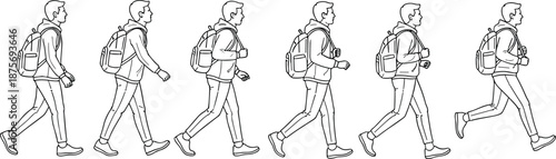Young man walking animation sequence, backpack traveler movement poses, daily routine concept, outline vector illustration, modern lifestyle design
