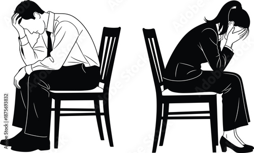 Stressed man and woman sitting apart on chairs, relationship conflict and depression concept illustration, emotional breakup problem black vector isolated