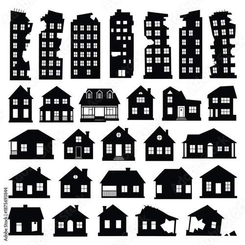 collection of various house and building silhouettes in black