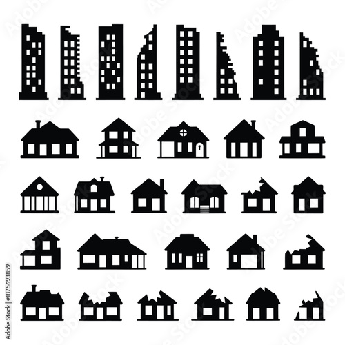 black silhouettes of various buildings and houses on white background