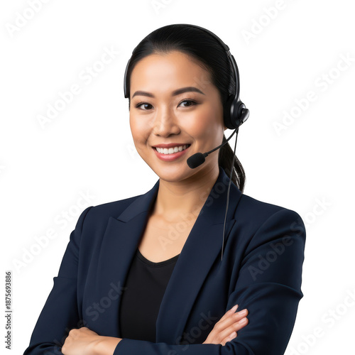 Smiling asian female customer service agent or call center operator wearing a headset, professional business portrait against transparent background