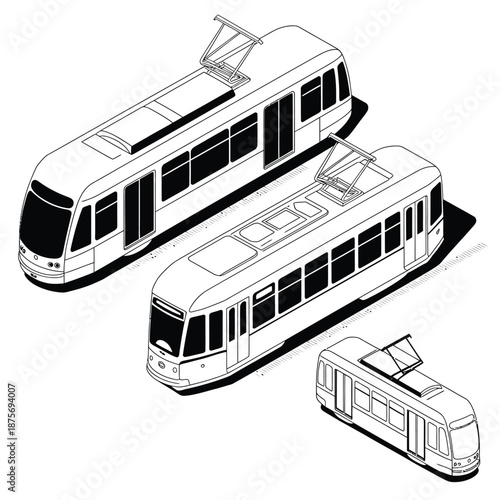 three different types of modern streetcars or trams side by side