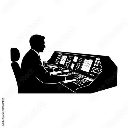 Silhouette of Professional Operator at Complex Control Panel Console.