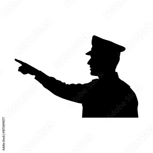 Silhouette of Uniformed Officer Pointing Directional Gesture.