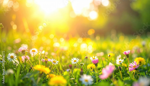 Prato fiorito primaverile con margherite e luce del sole calda. Generative AI