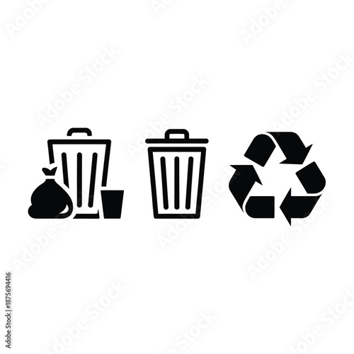black and white icons of waste management and recycling symbols