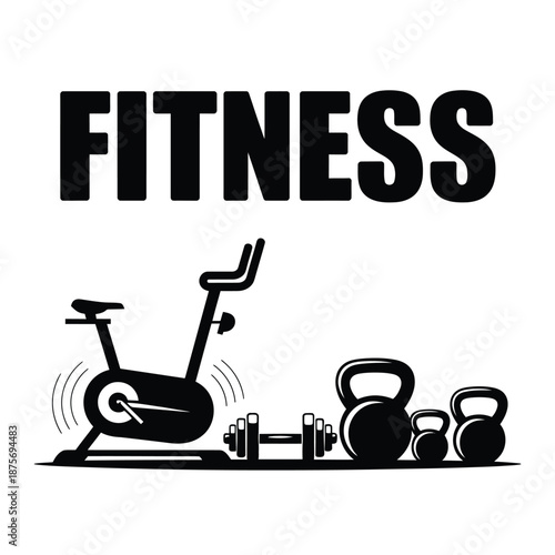 fitness equipment illustration with bicycle and weights