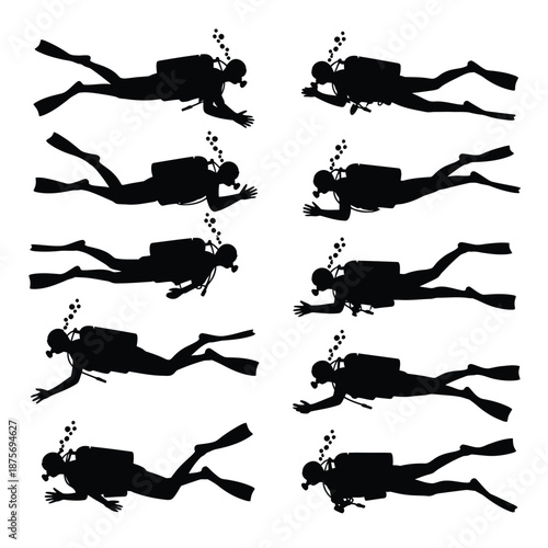 scuba divers in various swimming positions silhouetted against a white background