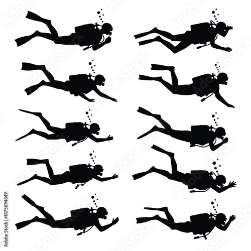 scuba divers in various swimming positions and depths underwater