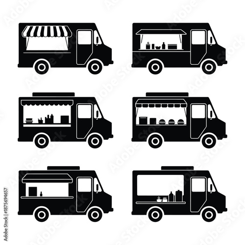 six different food truck silhouettes in various designs and layouts
