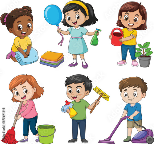 Cartoon children, household chores, cleaning tools, vacuuming, sweeping, watering plant, folding towels, teamwork, cheerful kids, vector illustration, home activity
