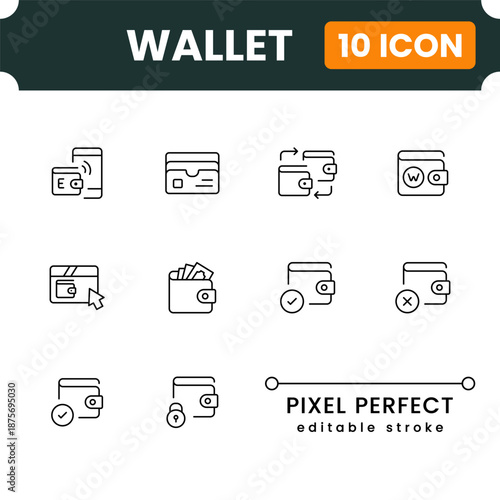 Wallet icons for online payment, mobile banking, secure transaction, finance dashboard, money storage, flat modern UI symbols