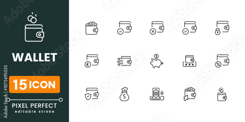 Wallet vector icons for fintech apps, money transfer, online shopping, banking services, secure finance, clean flat style
