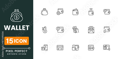 Wallet icon pack for mobile apps, digital money, online banking, ecommerce payment, secure finance UI, modern flat vectors