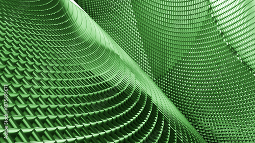 3d rendering of abstract mesh metal design, green hi-tech background