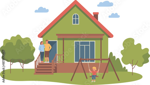 Family, house, yard, swing, child, parents, home, outdoor, lifestyle, residential, green roof, peaceful, cartoon, vector, illustration, garden, playtime, architecture, trees, porch