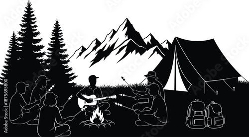 Camping silhouette, mountain background, campfire group, guitar playing, marshmallow roasting, outdoor adventure, forest tent, pine trees, backpack, night scene, wilderness gathering