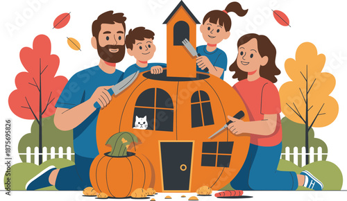 Family, pumpkin carving, autumn, Halloween, creative activity, whimsical house, children, parents, fall leaves, festive, cartoon, vector, illustration, seasonal, outdoor, celebration, white cat