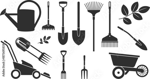 Gardening tools silhouette, shovel, rake, watering can, wheelbarrow, lawnmower, pruning shears, leaves, black icon, vector illustration, white background