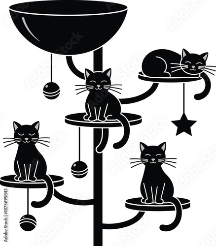 Cat tree, black cats, playful pets, silhouette style, domestic animals, feline illustration, hanging toys, cozy platforms, artistic design, home decor, pet furniture