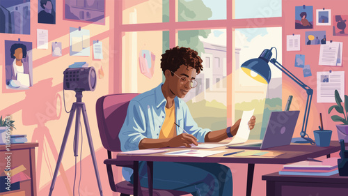 Home office, creative workspace, writing, laptop, camera, tripod, sunlight, productivity, desk, documents, inspiration, organized, vector, cartoon, illustration, professional, media, content creation,