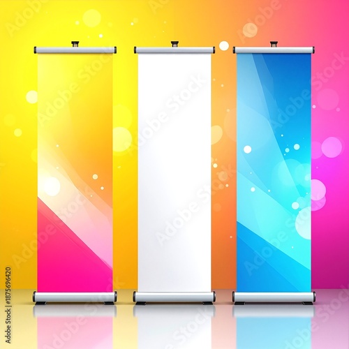 Three vibrant roll-up banners stand side by side, showcasing eye-catching designs in bold colors like red, blue, and yellow, perfect for events.